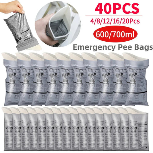 40-pack of emergency pee bags with packaging and quantity details.