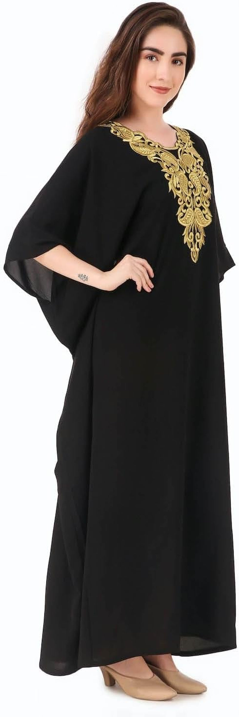 Elegant Gold Embroidered Kaftan with Cutwork Neckline