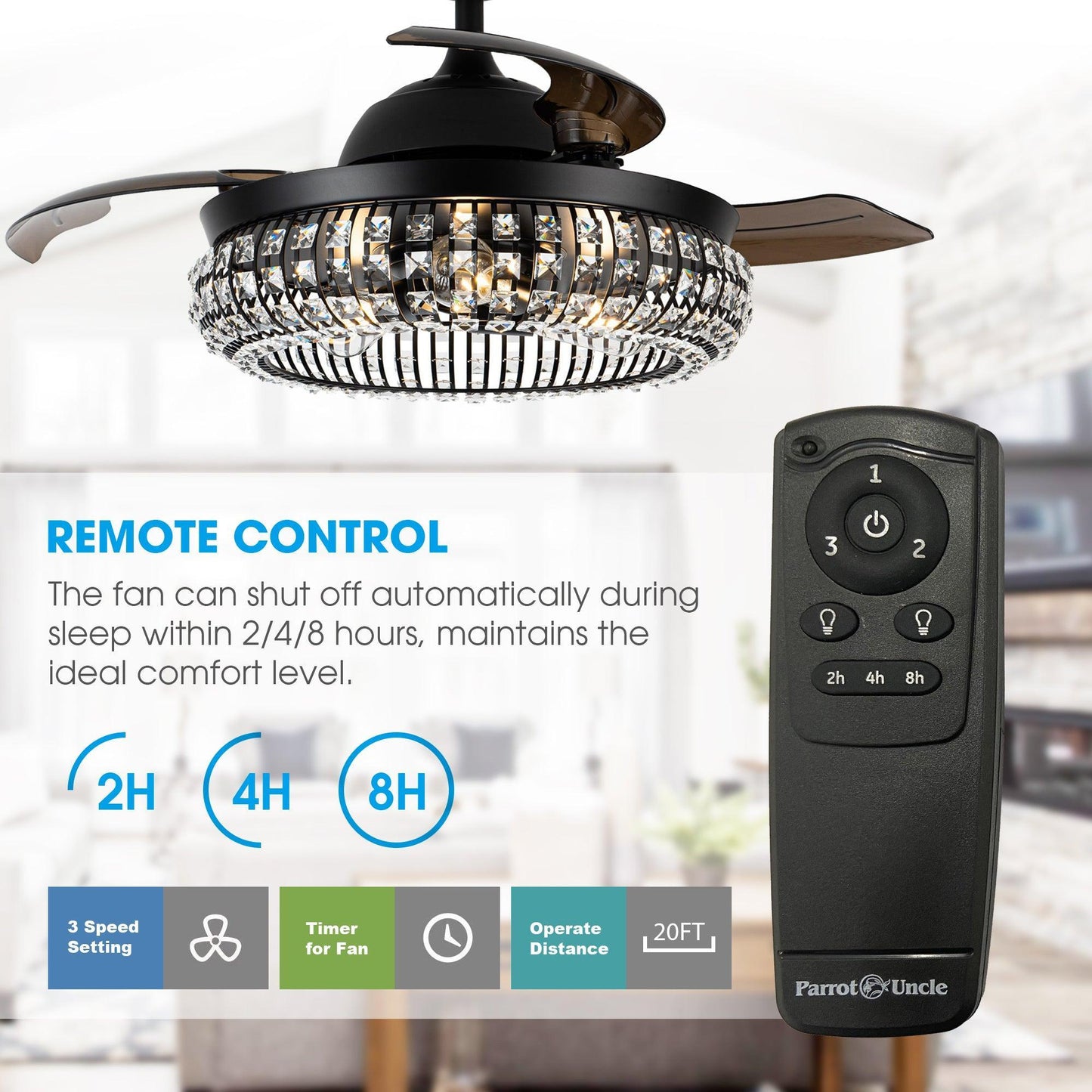 42" Modern Downrod Mount Crystal Ceiling Fan with Lighting and Remote Control
