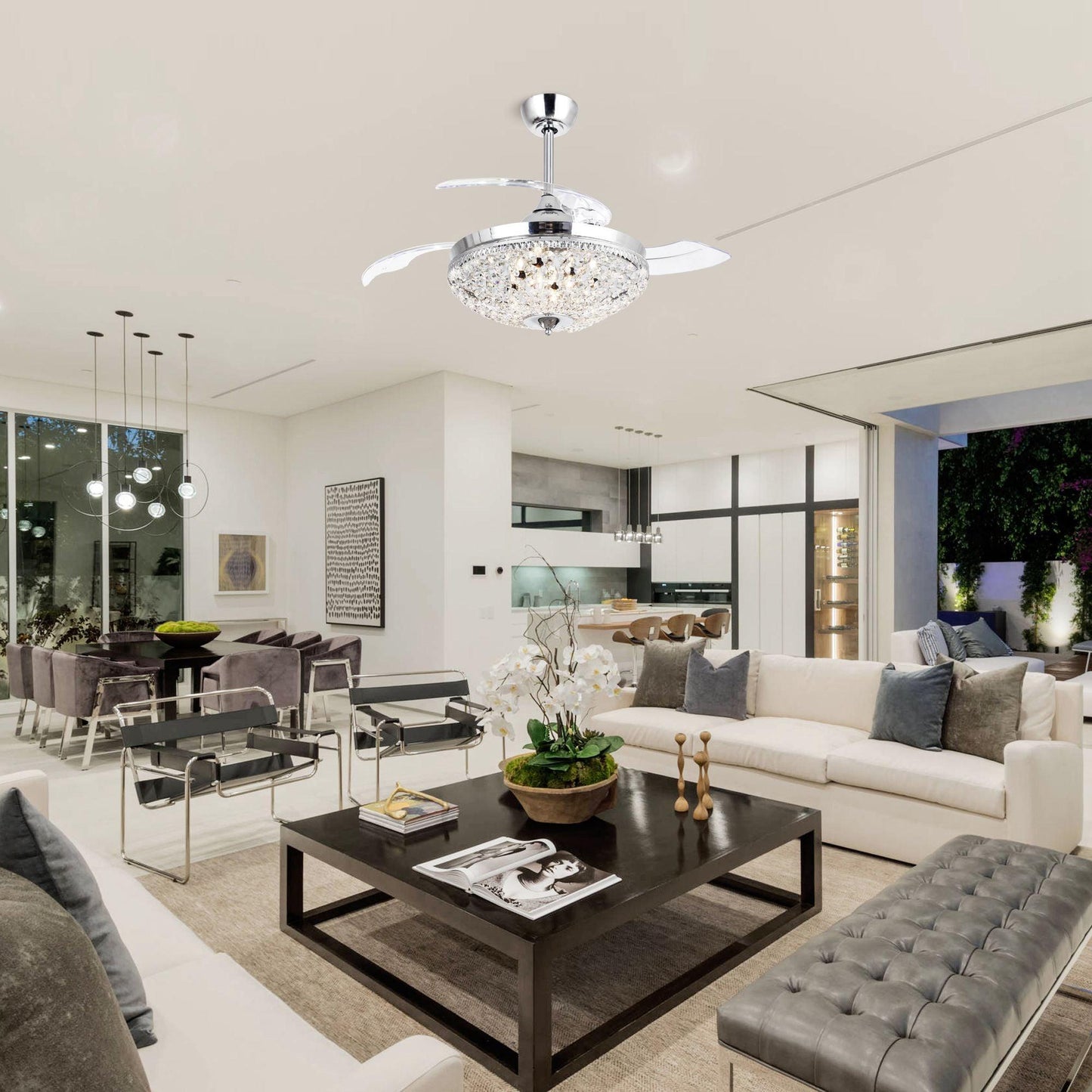 42" Servantes Modern Downrod Mount Crystal Ceiling Fan with Lighting and Remote Control