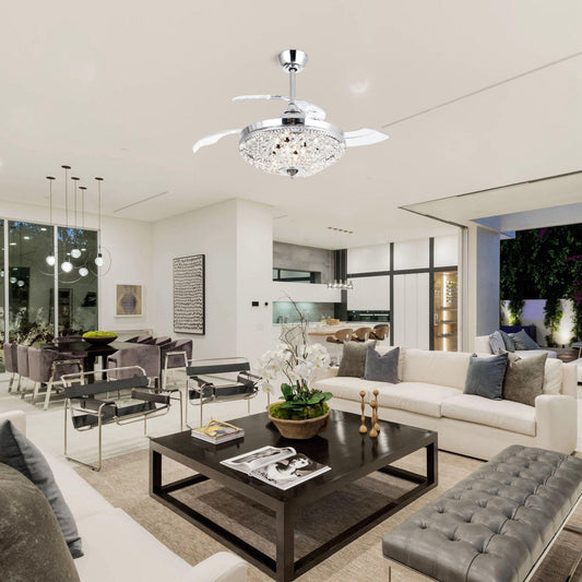 42" Servantes Modern Downrod Mount Crystal Ceiling Fan with Lighting and Remote Control