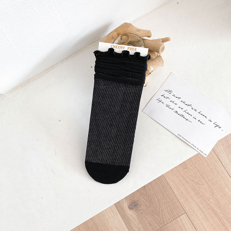 1 pair of socks for women summer thin black middle tube socks Japanese lace ballet style socks mesh breathable pile socks