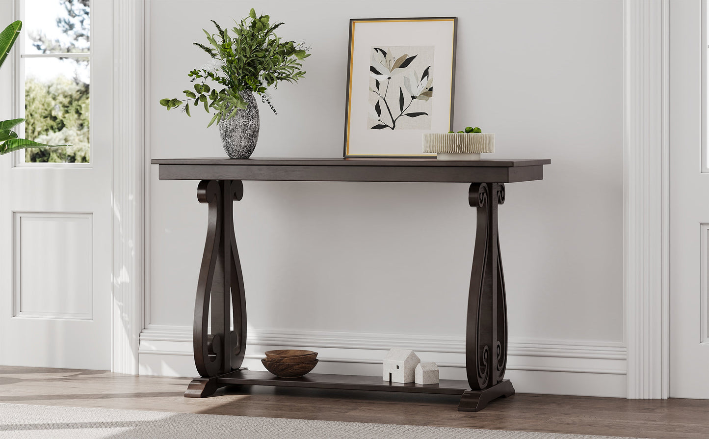 48-Inch Rustic Vintage Console Table --- Farmhouse Style Entryway Table with Open Shelf and Sturdy Construction  (Espresso)