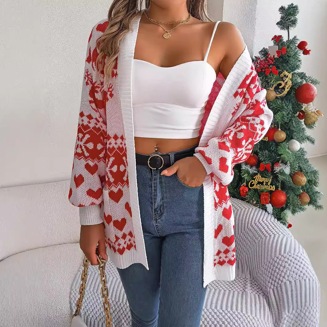 2024 Women's Christmas Deer Print Cardigan Sweater
