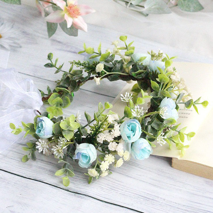 Forest style curled edge rose headband, simulated starry sky, eucalyptus wreath, bride's wedding dress, photography, headwear