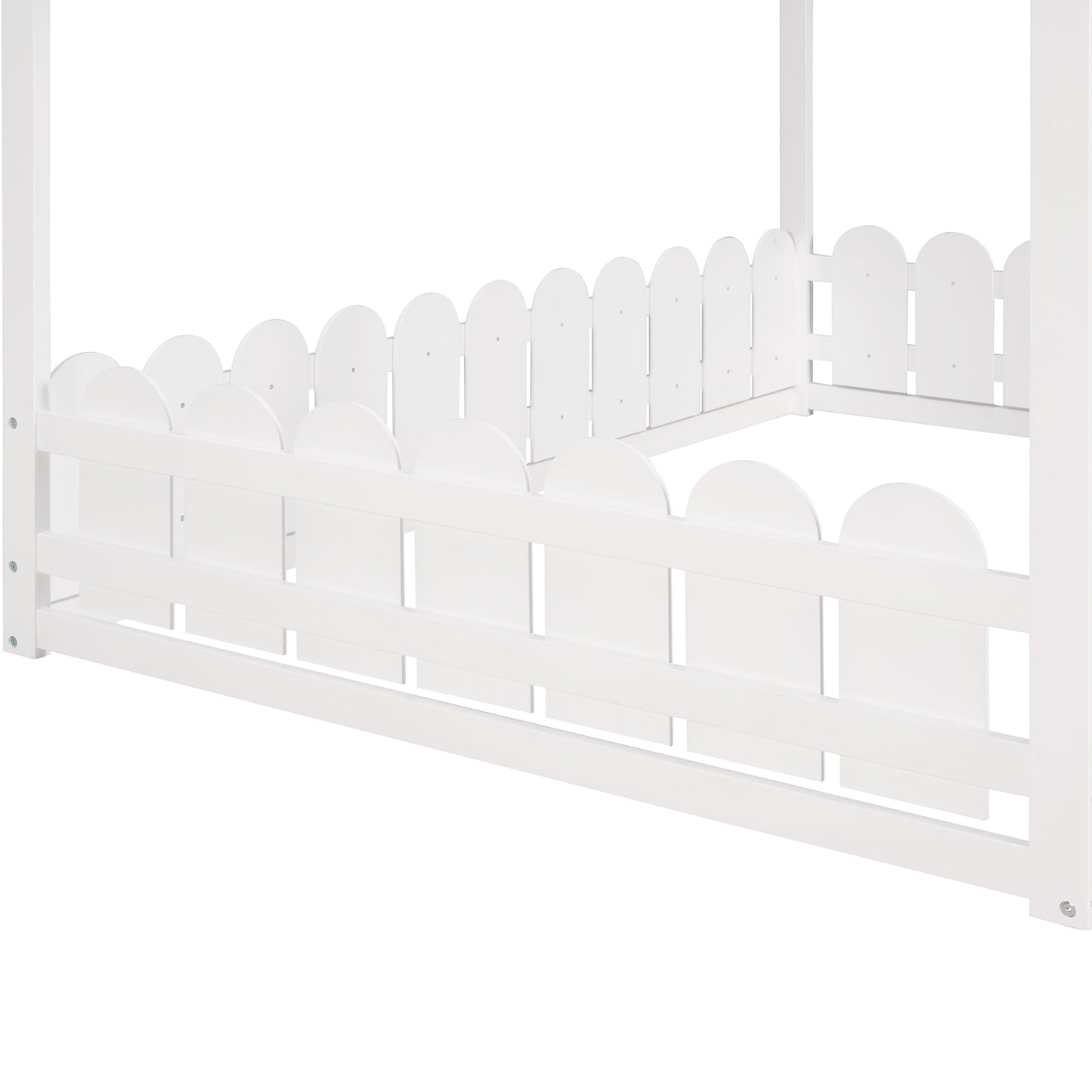 (Slats are not included) Full Size Wood Bed House Bed Frame with Fence for Kids Teens Girls Boys (White )