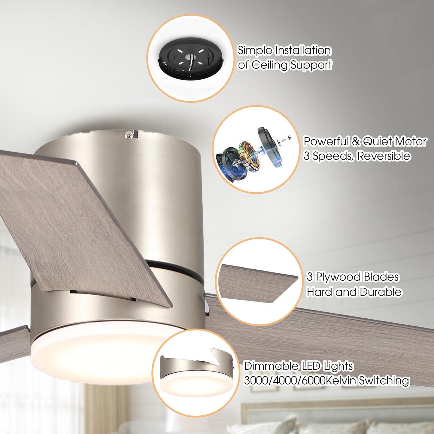 48" Satin Nickel Flush Mount Low Profile Ceiling Fan with LED Lighting