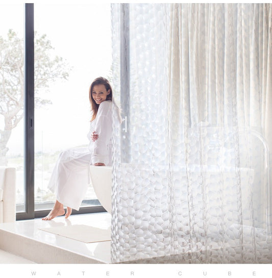 3D Water Cube Shower Curtain, Silk Pattern Waterproof Bathroom Partition Curtain, Cobblestone Curtain