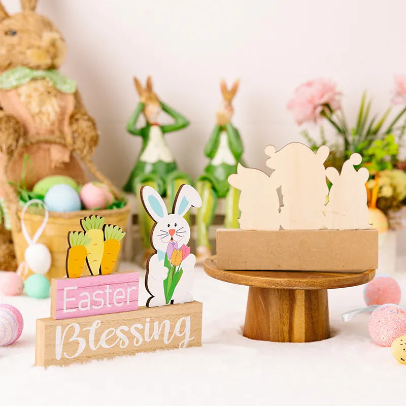 Easter Decoration Supplies Easter Rabbit Flower Hugging Wooden Ornament Rabbit Dwarf Desktop Decoration