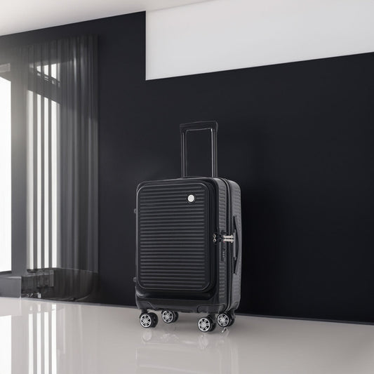 Carry-on Luggage 20 Inch Front Open Luggage Lightweight Suitcase with Front Pocket and USB Port, 1 Portable Carrying Case Black