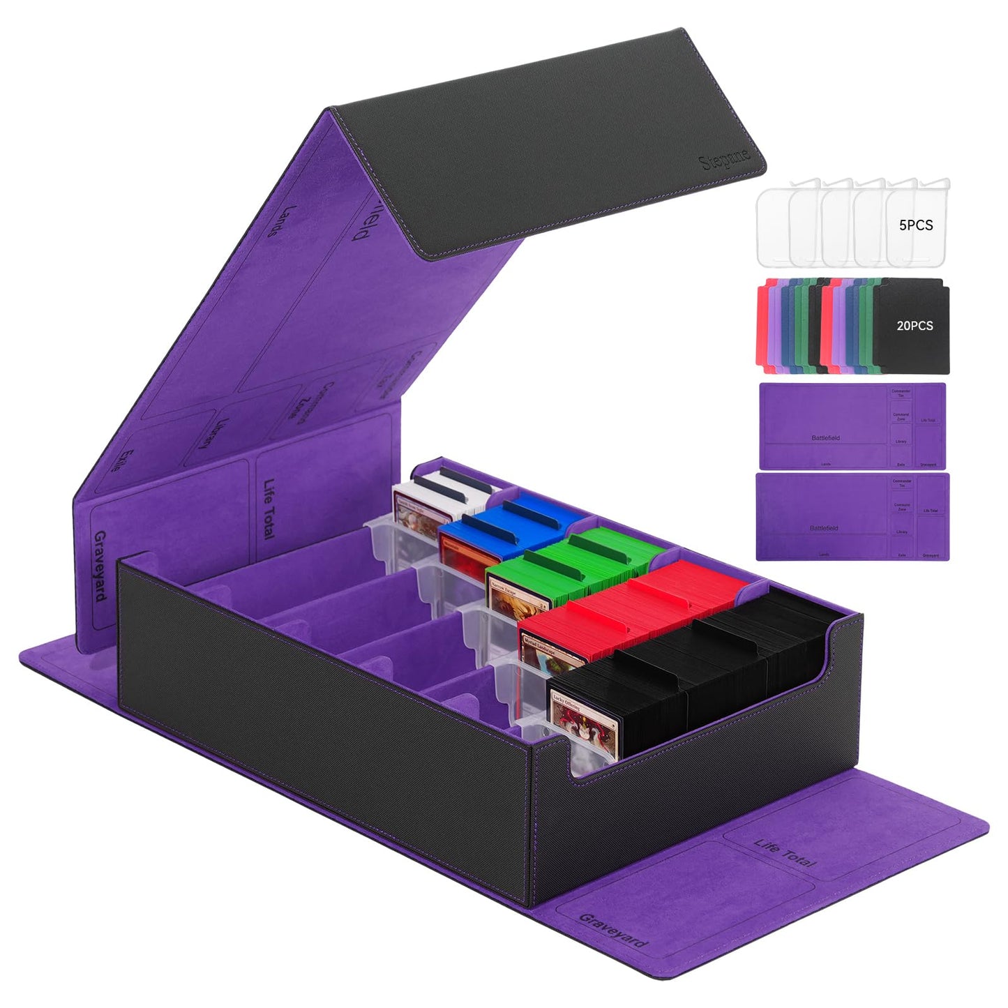 3800+ Capacity Card Storage Box. Includes 20 Dividers, 5 Supporters, Leather Magnetic Closure. Great for YuGiOh & MTG Cards.