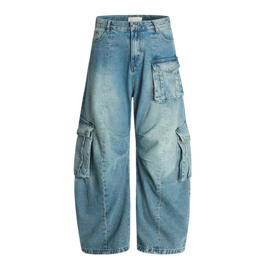 American High Street Vintage Washed Multi-Pocket Workwear Jeans Loose A-Line Wide Leg Long Pants for Men