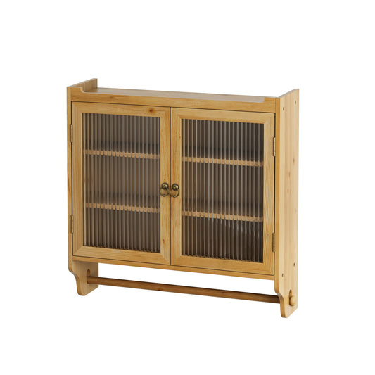 24.8 '' Glass door retro double door wall cabinet with three levels of storage space with towel rack, original wood color