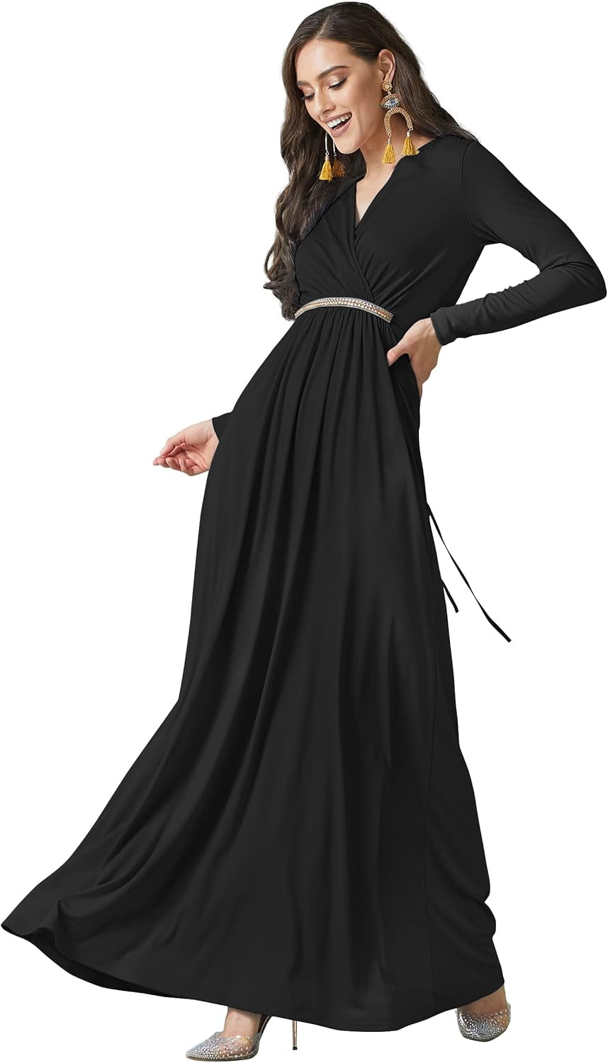 Elegant Long Sleeve Pleated Maxi Dress – Adjustable Fit, Maternity Friendly