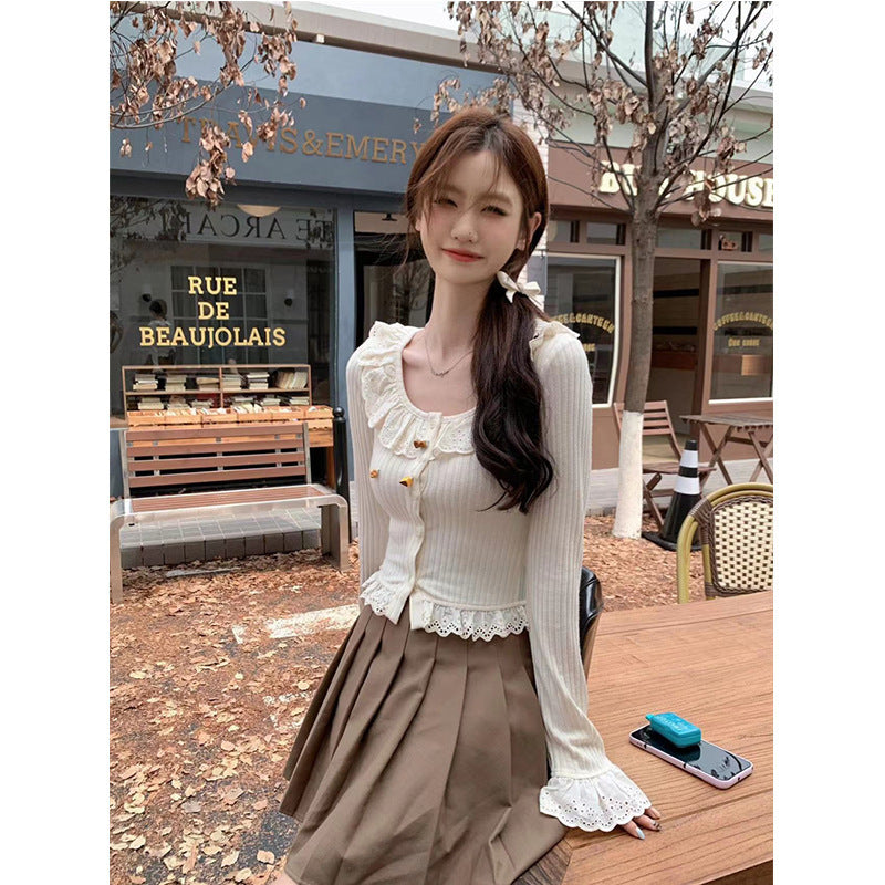 Slim Fit All-matching Long Sleeve Top Ruffled Knitted Cropped T-shirt Tide