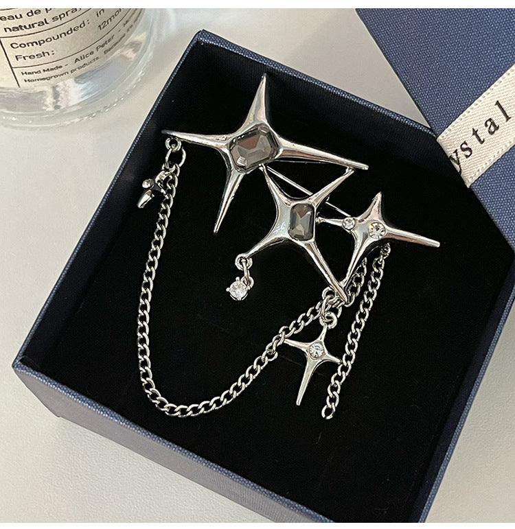 Four Eight-Pointed Stars Zircon Chain Brooch