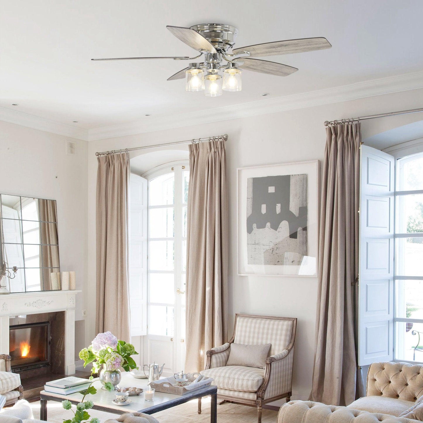 52" Bangatore Traditional Chrome Flush Mount Reversible Ceiling Fan with Lighting and Remote Control