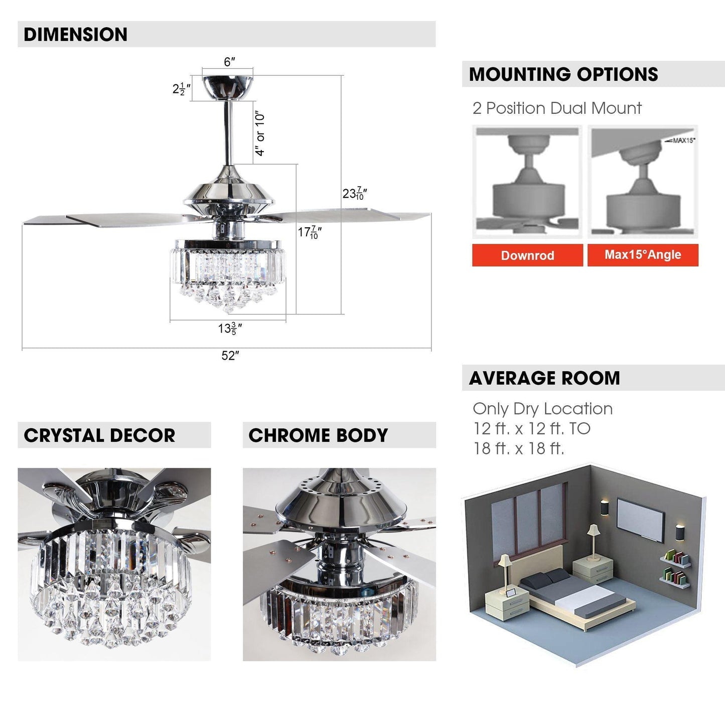 52" Elkton Modern Reversible Crystal Fandelier with Lighting and Remote Control