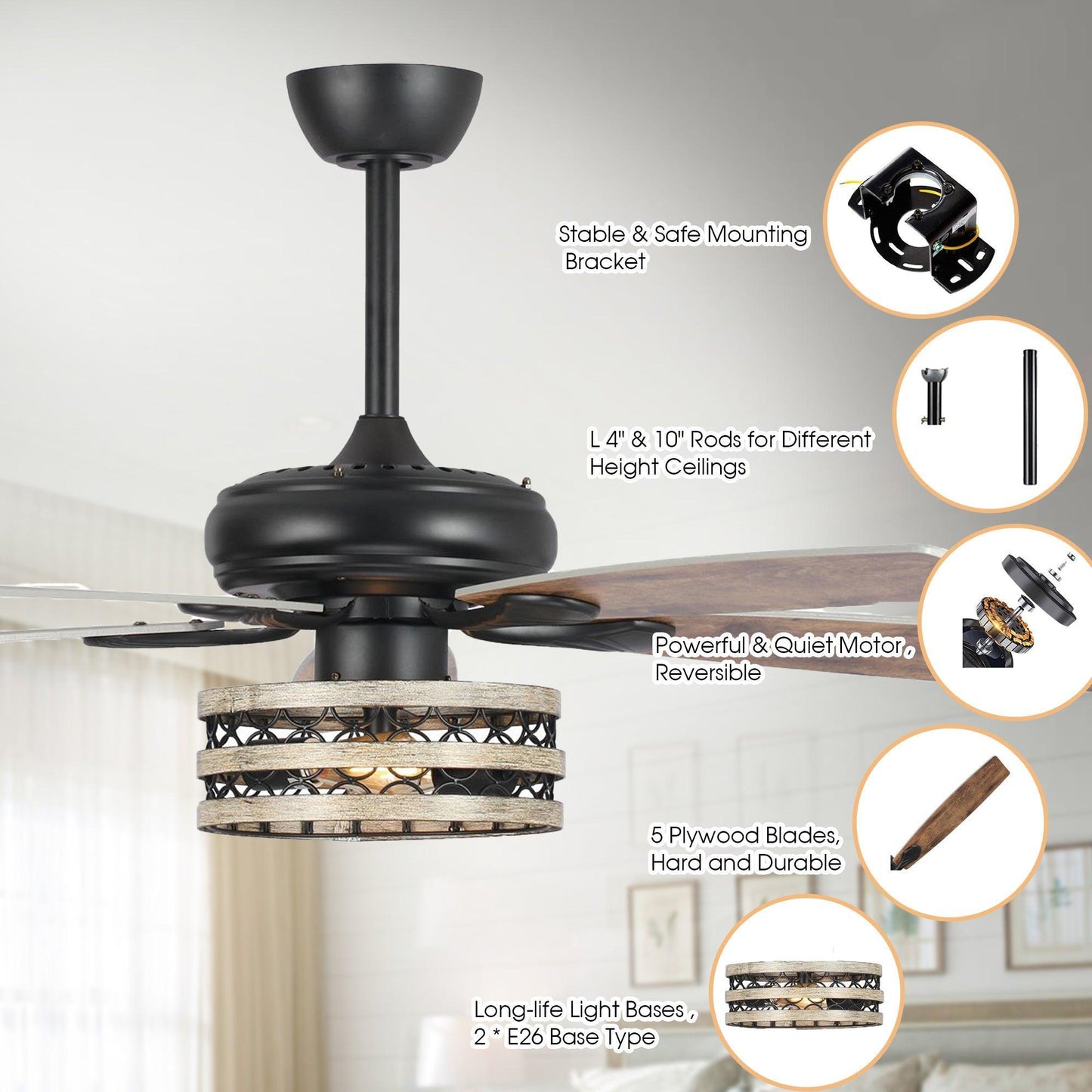52" Matte Black Led Indoor Cage Ceiling Fan 5 Blade