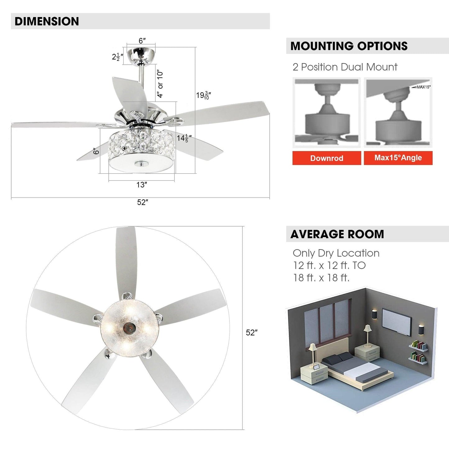 52" Tibuh Modern Crystal Chandelier Ceiling Fan With Led Light And Remote Control 5 Blades Chrome