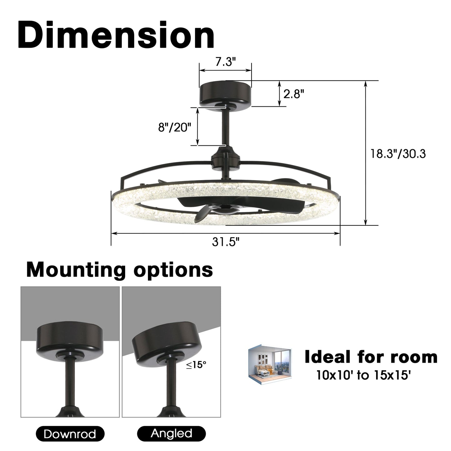 Perimost 32 Inch Black Downrod Mount Luxury Fandelier with Light and Remote Control