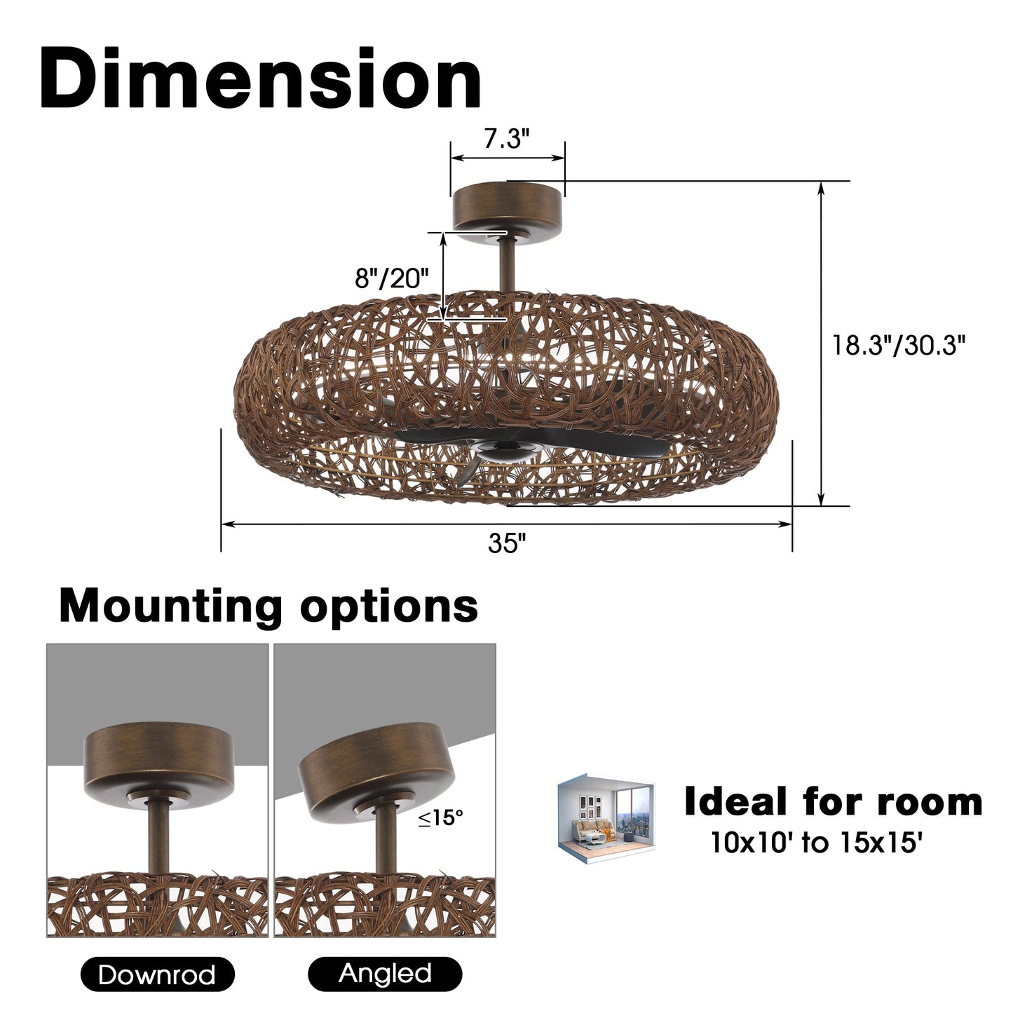 Perimost 35 Inch Golden Bronze Downrod Mount Luxury Fandelier with Light and Remote Control