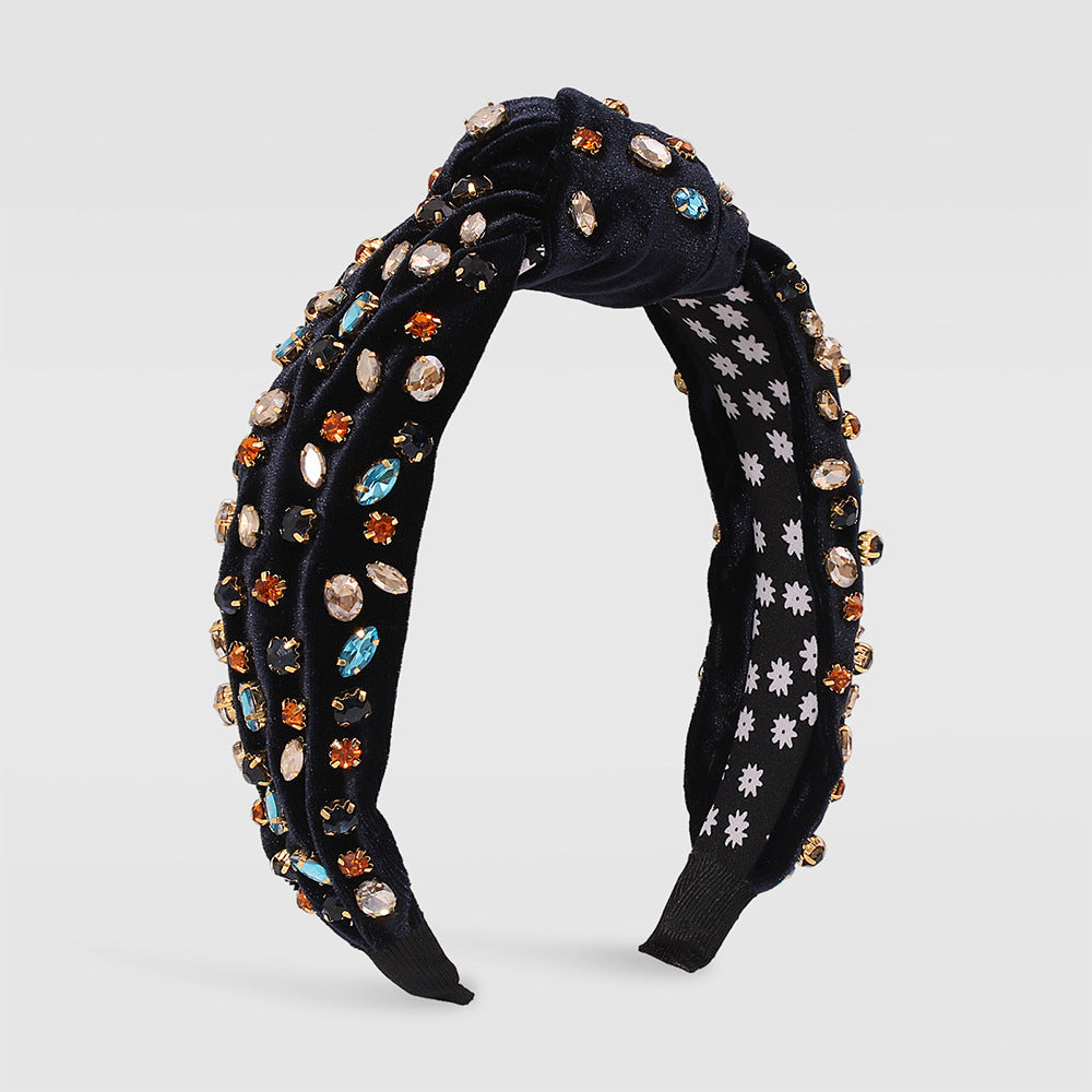 Exaggerated Fashion Hair Bands Female Corduroy Temperament Sweet Hair Ornaments Wide Side Knotted With Diamonds Headband