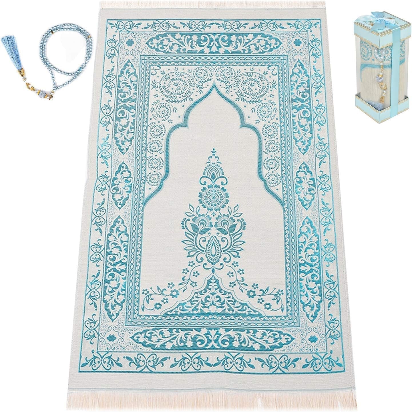Premium Turkish Cotton Muslim Prayer Rug with Pearl Prayer Beads – Gift Boxed Islamic Prayer Mat for Men, Women & Kids