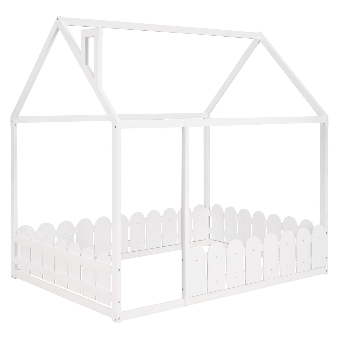 (Slats are not included) Full Size Wood Bed House Bed Frame with Fence for Kids Teens Girls Boys (White )