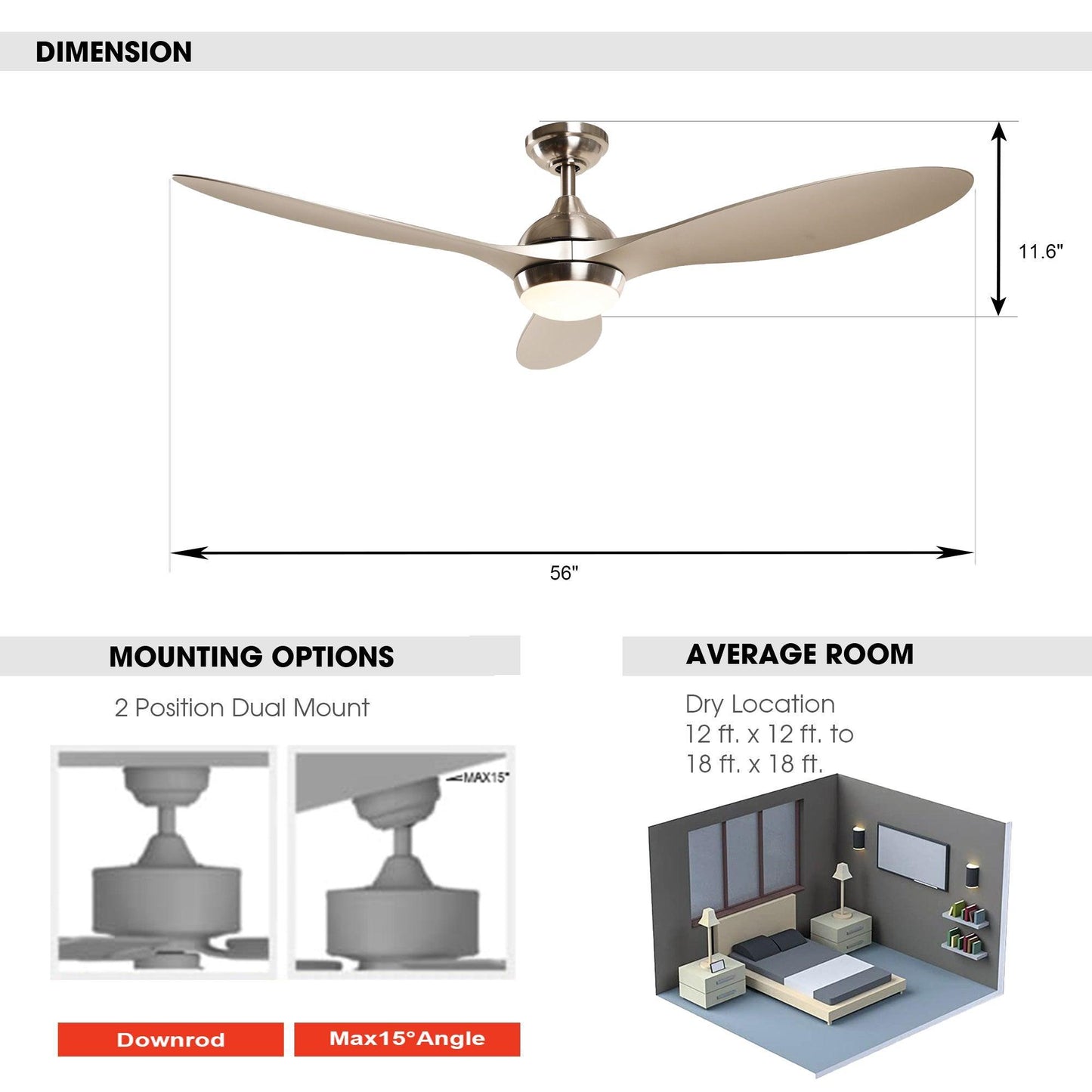 56" Bernardino Indoor Brushed Nickel Downrod Mount Chandelier Ceiling Fan With Light Kit And Remote Control