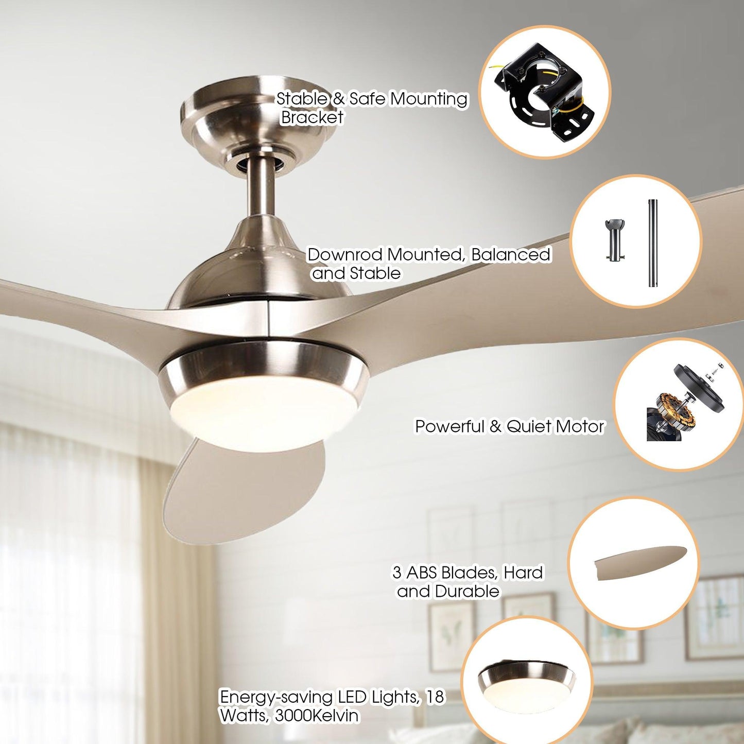 56" Bernardino Indoor Brushed Nickel Downrod Mount Chandelier Ceiling Fan With Light Kit And Remote Control