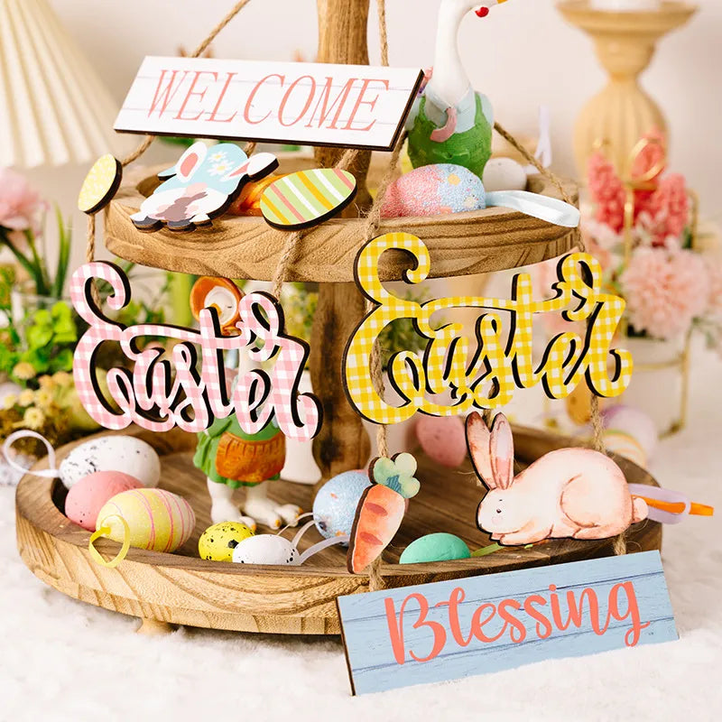 Easter decoration supplies Easter grid letter wooden pendant cartoon Easter egg rabbit pendant
