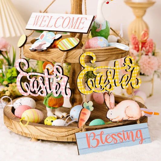 Easter decoration supplies Easter grid letter wooden pendant cartoon Easter egg rabbit pendant
