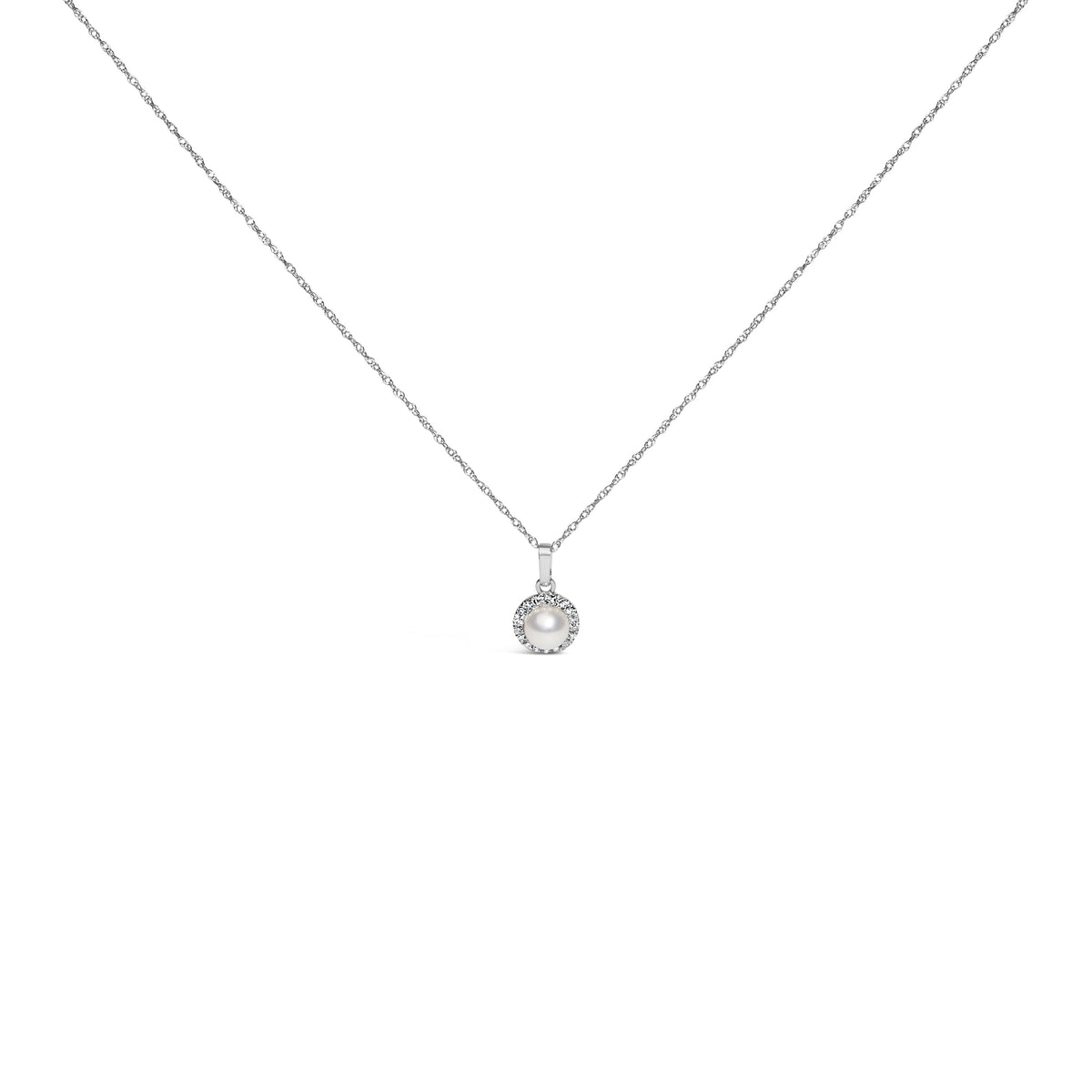 10K White Gold 5MM Cultured Pearl and Diamond Accent Halo Pendant Necklace