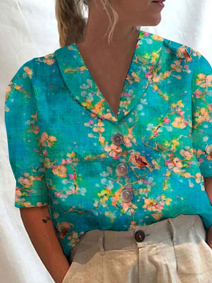 Women's Stand Collar Printed Cotton-Linen Shirt