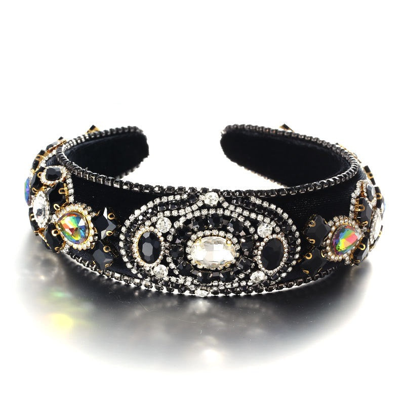 Fashionable Baroque Retro Inlaid Colored Water Diamond Sponge Head Hoop