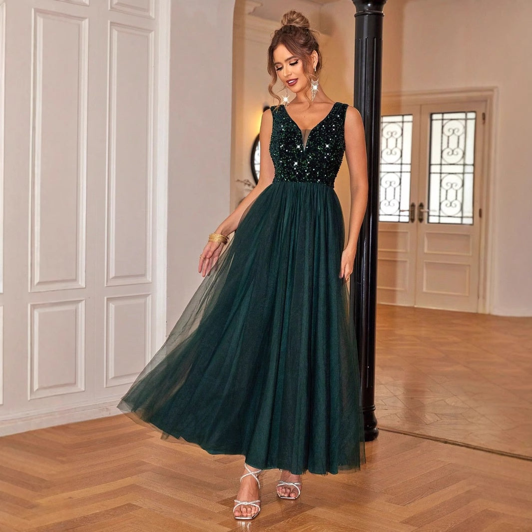 ElegantStyle Sexy Sleeveless Women's Shiny Mesh Splicing Swing Dress