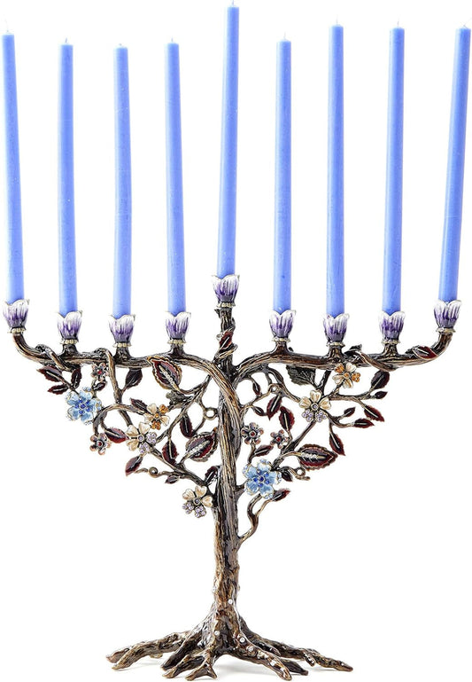 Elegant Hanukkah Menorah with Hand-Painted Flower Vine Design & Crystal Embellishments