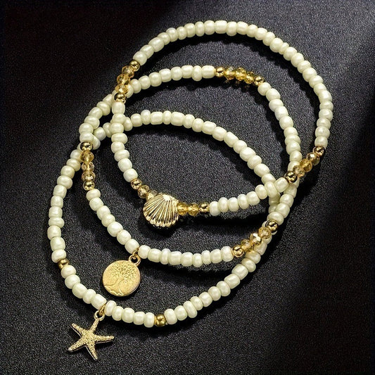 Multi-layer White Rice Bead Shell Starfish Anklet