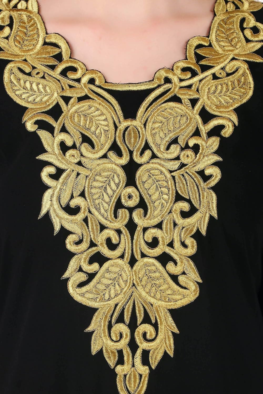 Elegant Gold Embroidered Kaftan with Cutwork Neckline