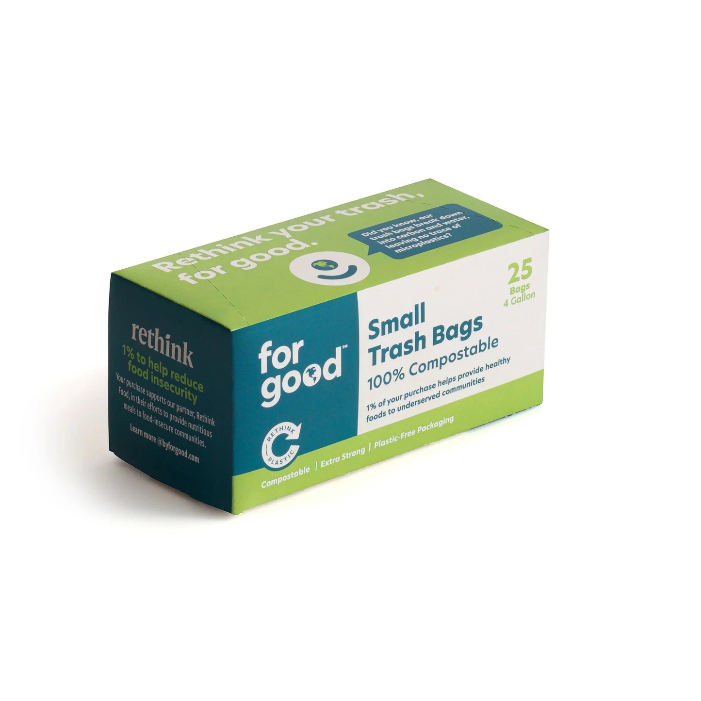 For Good™ Compostable Small Trash Bags – 4 Gallon, Plant-Based, Tear-Resistant – BPI Certified for Home & Office Use (White with Green Text, 25 Count)