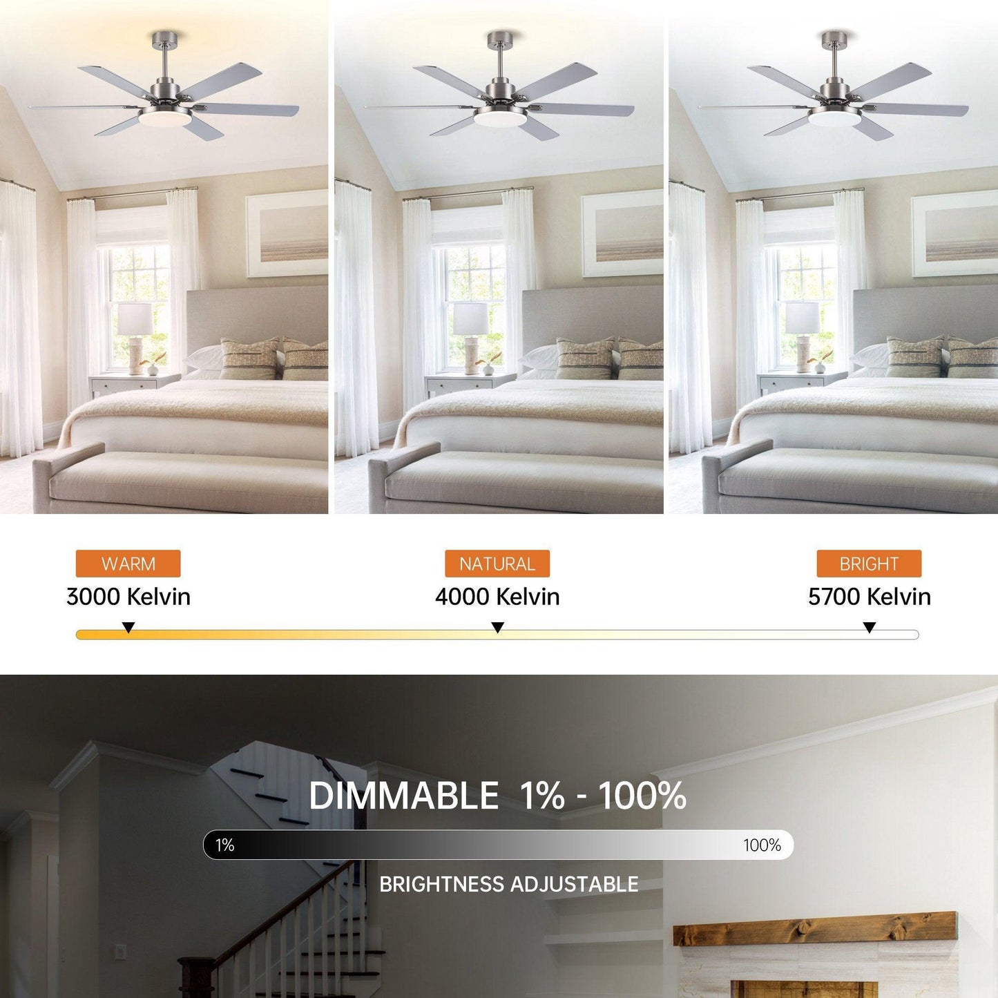 60" Modern Satin Nickel DC Motor Downrod Mount Reversible Ceiling Fan With Lighting And Remote Control