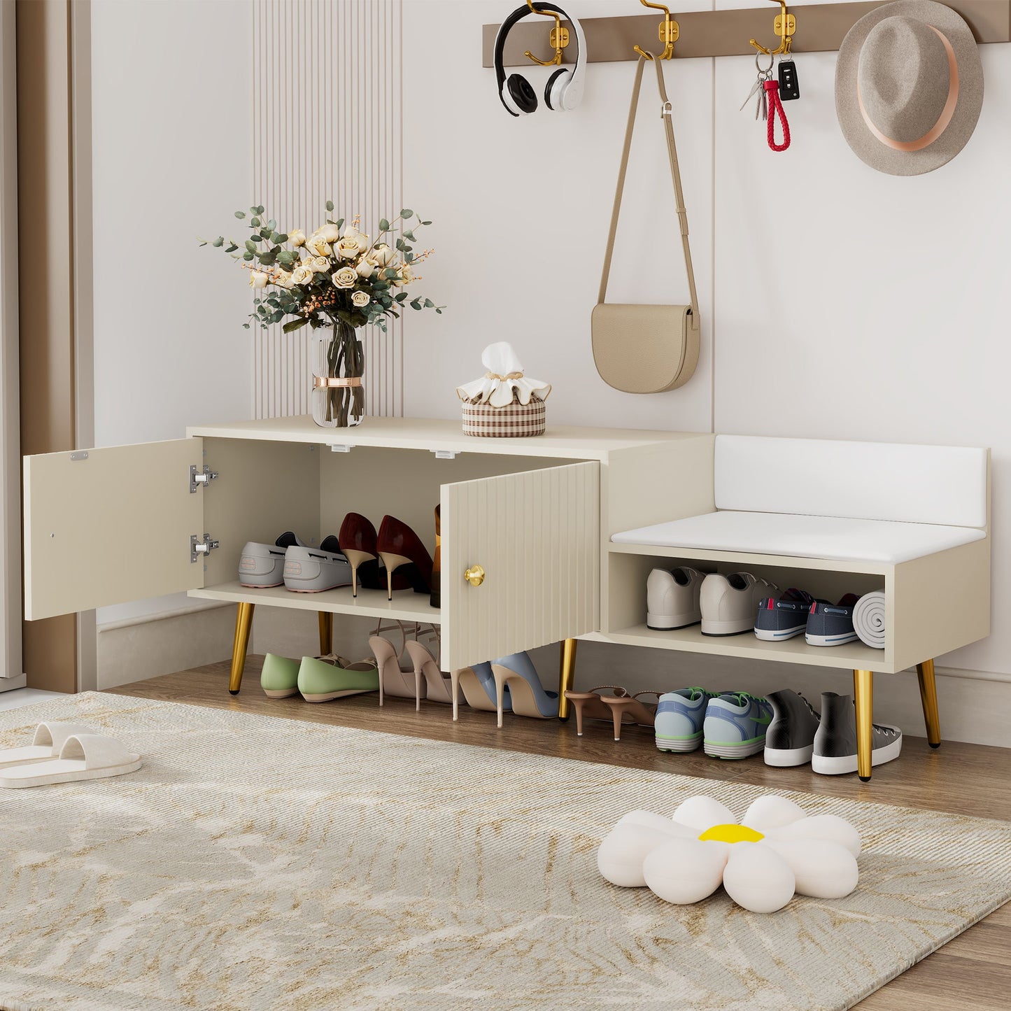 Modern Shoe Storage Bench with Hidden Storage and Upholstered Cushions for Bedside, Living Room and Entryway ((Antique White)