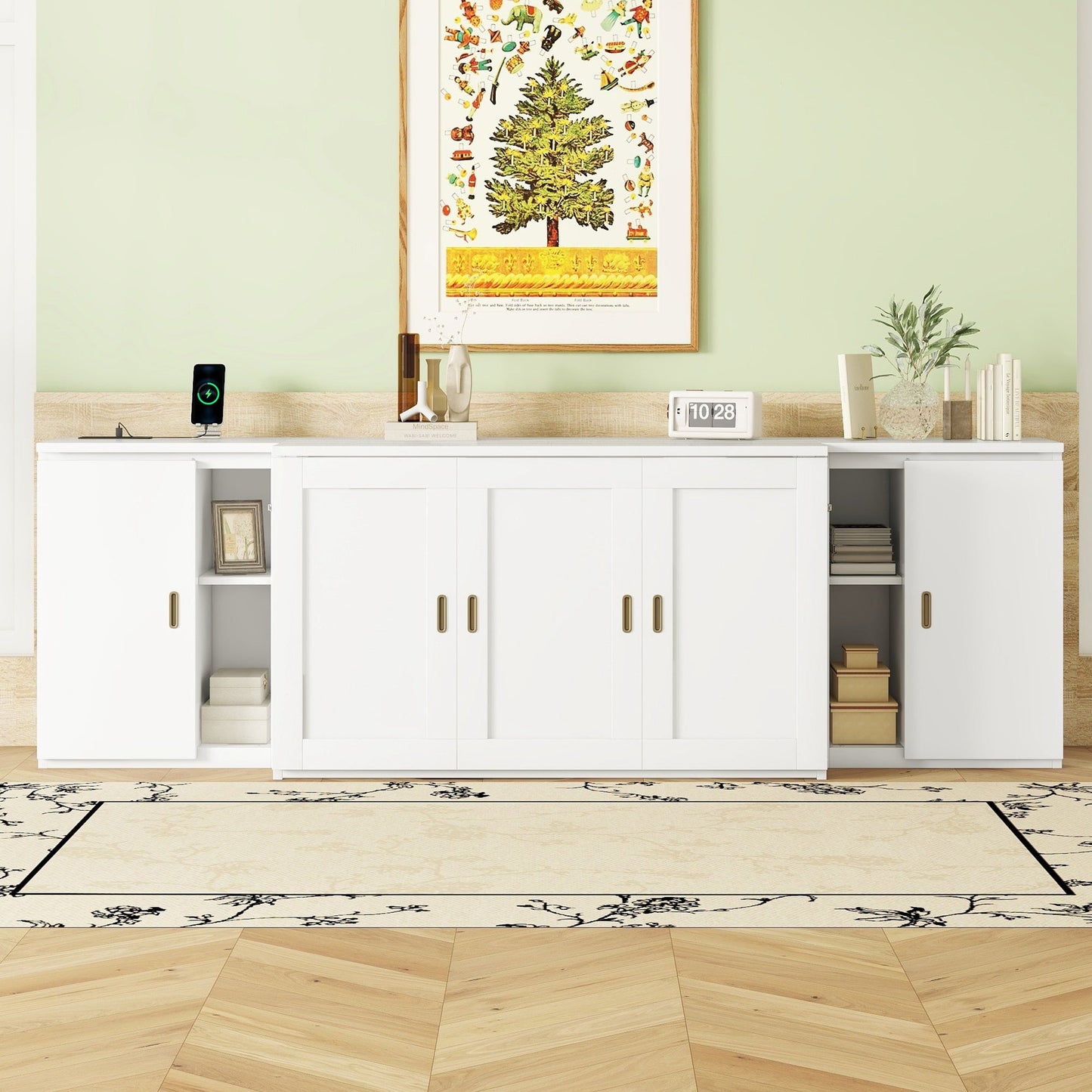 Full Size Murphy Bed with Shelves, Cabinets and USB Ports,White