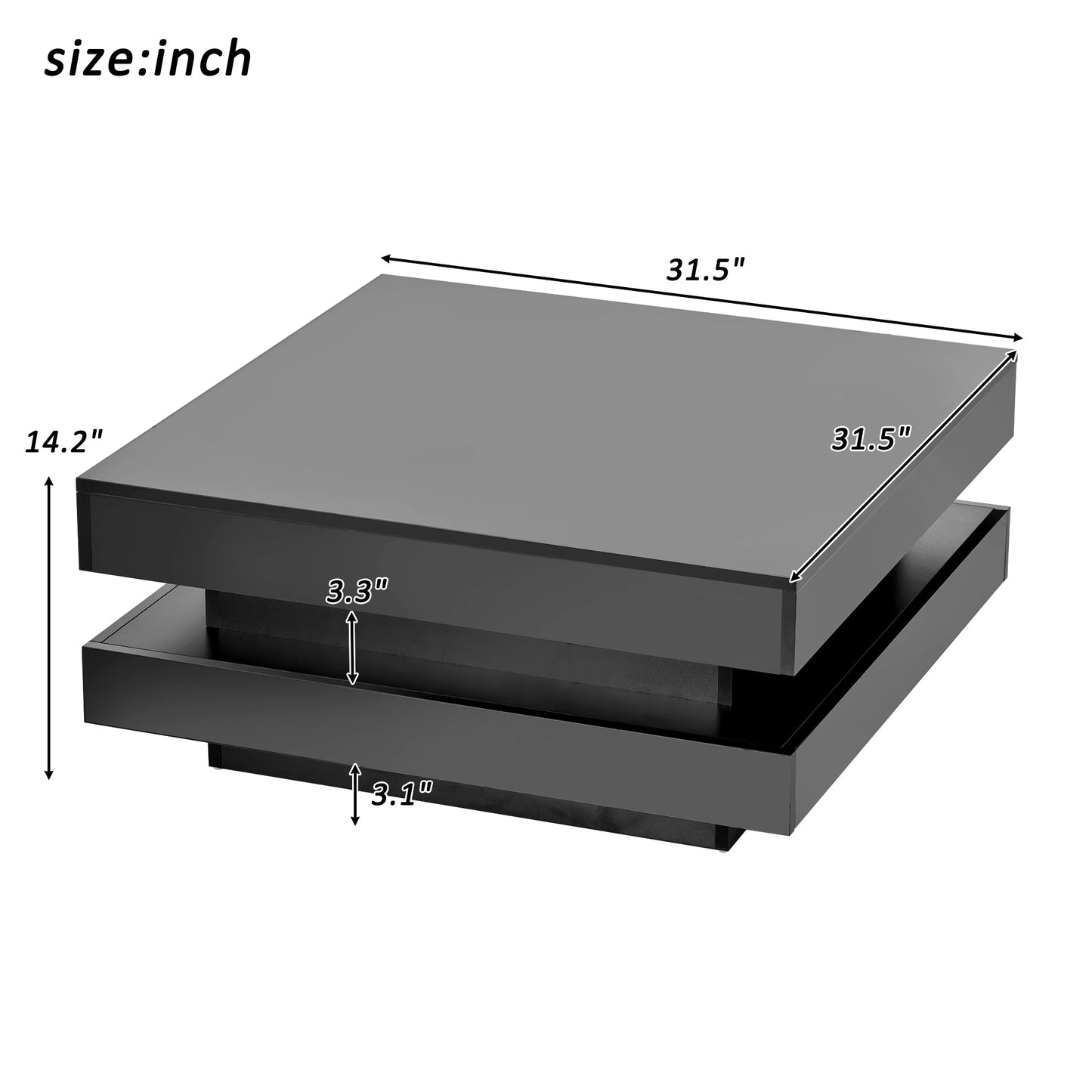 ON-TREND High Gloss Minimalist Design with LED Lights 2-Tier Square Coffee Table Black