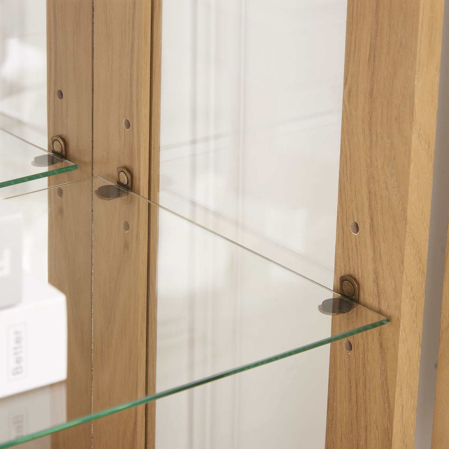 Dual door Curio cabinet with tempered glass doors, mirrored back panel and adjustable shelves, home lighting display cabinet Oak