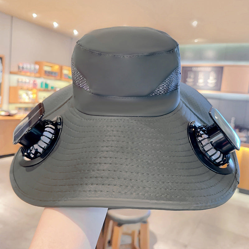 Solar fan hat: wide - brim bucket hat with 2 solar fans, men’s summer cap for outdoor fishing, camping, hiking.
