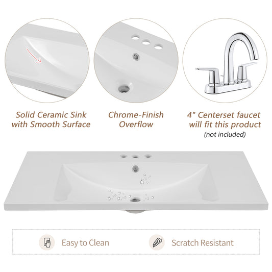 36" Single Bathroom Vanity Top with White Basin, 3-Faucet Holes, Ceramic, White