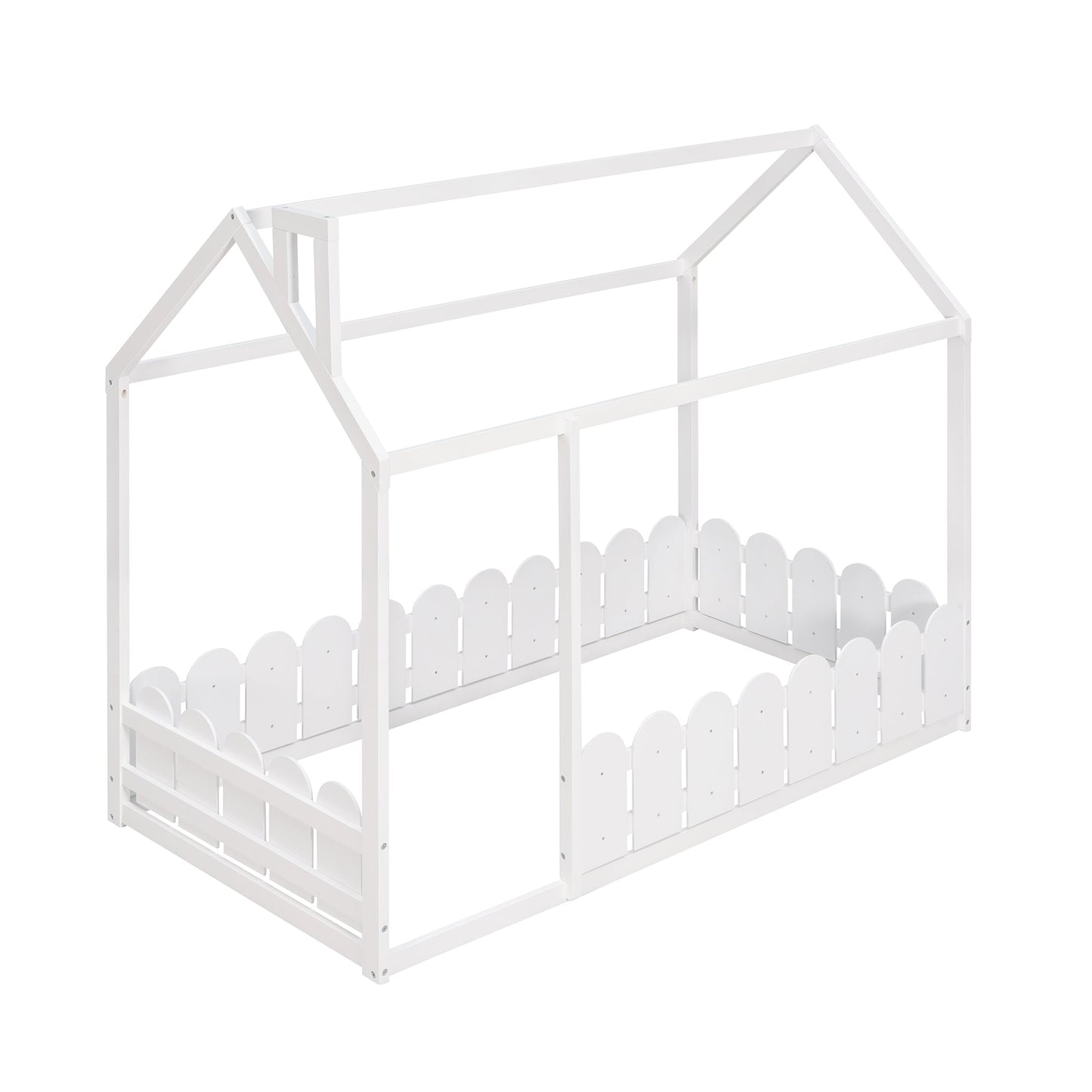 {Slats are not included}Twin Size Wood Bed House Bed Frame with Fence for KidsTeens Girls Boys {White}