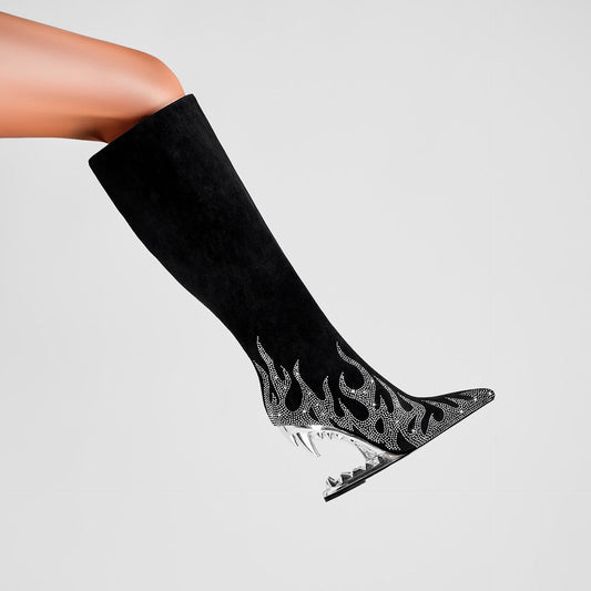 Rhinestone Flame Stretch Boots Tiger Tooth Heel